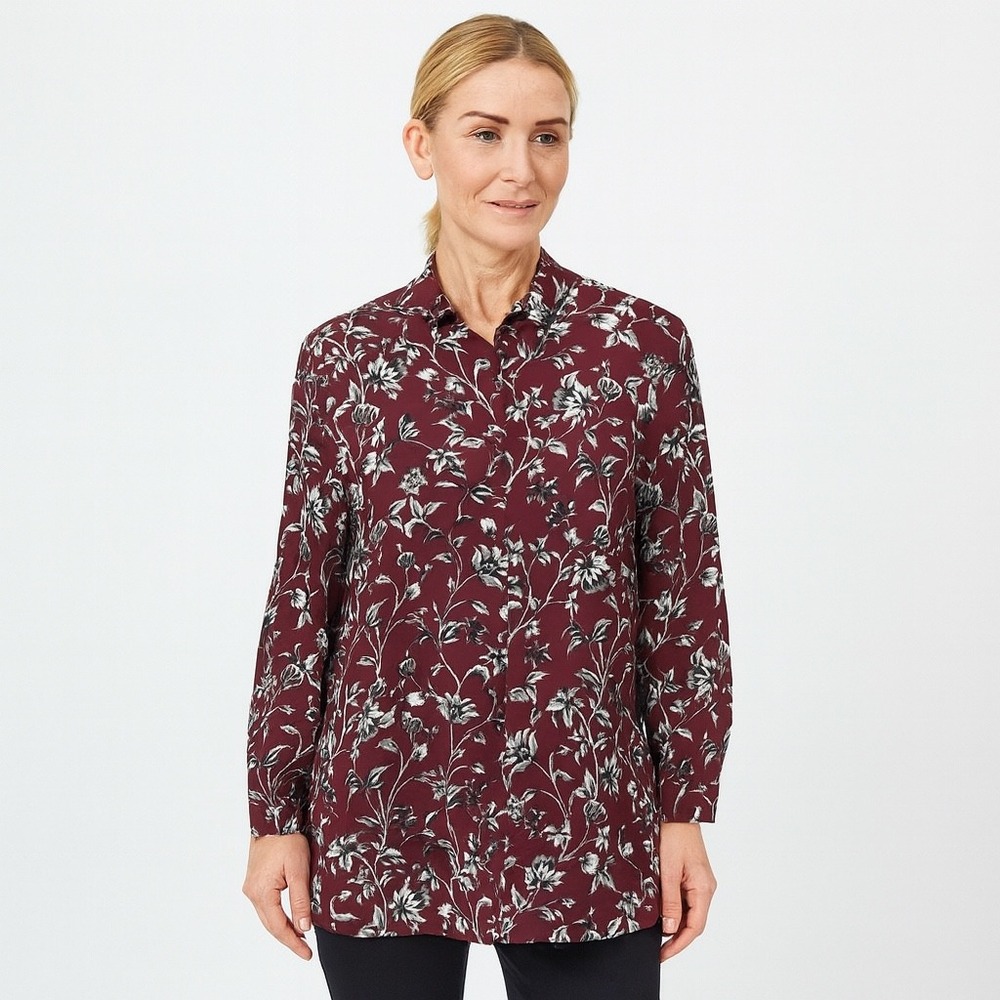J. Jill Top Women's Large Burgundy Floral Long Sleeve Button Tunic Shirt Blouse